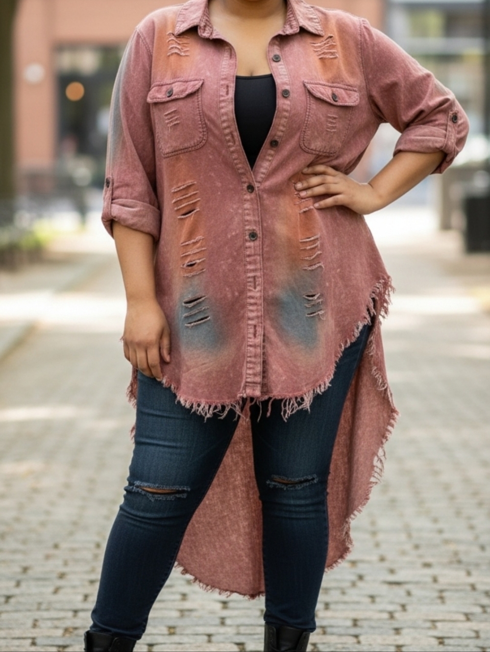 Distressed Button-Up Shirt with Frayed Hem